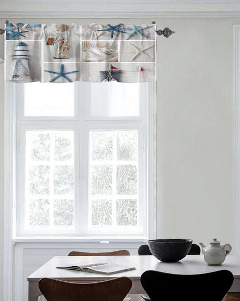 Summer Coastal Grid Valances Curtain for Kitchen Cafe, Ocean Starfish Lighthouse Window Valance Short Curtains 42"x 12" Rod Pocket Windows Treatme...