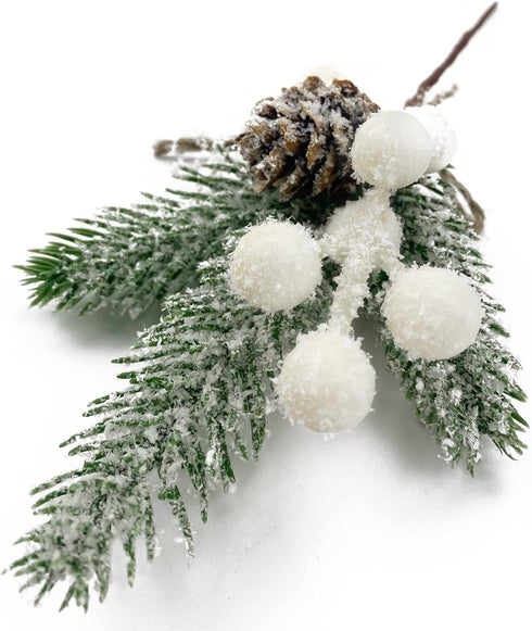 White Christmas Berries Floral Pine Cones Christmas Artificial Pine Branches Evergreen Branch Berries for Decoration DIY Christmas Craft Wreath De...