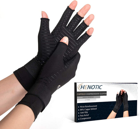 2 Pairs Copper Arthritis Gloves for Women Men, Wrist Reinforcement Fingerless Arthritis Compression Gloves for Relieving Carpal Tunnel Aches, Rheu...