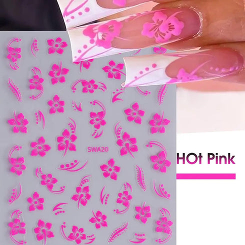 Flower Nail Stickers for Nail Art, 4Pcs Hibiscus Nail Decals White Pink Yellow Flowers Nail Design Stickers 3D Self-Adhesive Nail Art Supplies Sum...