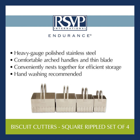RSVP International Endurance Biscuit Cutters, Rippled Square Set of 4, Stainless...