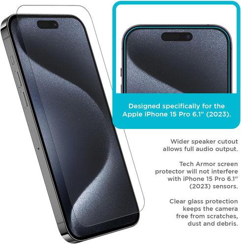 Tech Armor Screen Protector for iPhone 15 Pro 6.1 inch - Ballistic Tempered Glass, Case Friendly, Sensor Protection, HD, 9H Hardness, 3 Pack + Bon...
