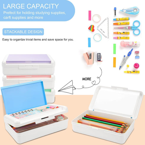 Pencil Box for Office Supplies Storage Organizer Box,Double Layer Large Capacity Pencil Boxes,Plastic Crayon Box with Snap-tight Lid,Stackable Sto...