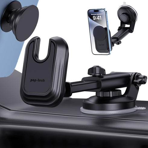 pop-tech Socket Phone Dashboard Mount: Suction Cup Cell Phone Holder fits Dash Windshield Window - Black Universal Car Mount Compatible for iPhone...