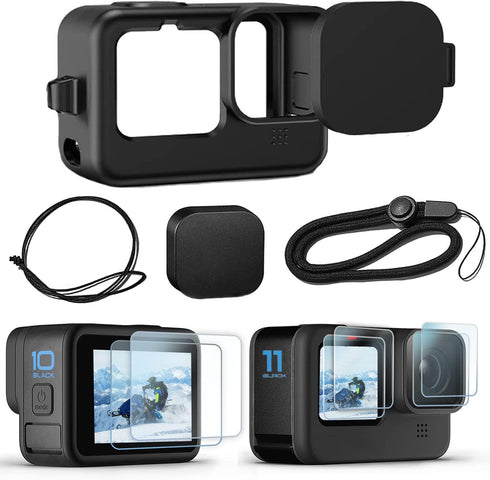 Accessories Kit for Go Pro Hero 12/Hero 11/Hero 10/Hero 9 Black,2-Pack(6pcs) Screen Protector Silicone Sleeve Protective Case with Lens Cover Cap ...