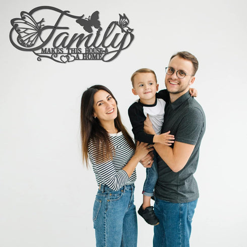 Family Metal Wall Decor Word Sign, Black Family Makes This House A Home Art Butterflies Love Heart Wall Hanging Sculpture, Iron Letters Quotes for...