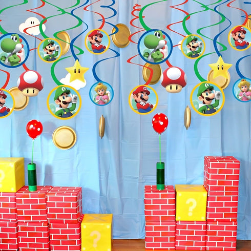 Swirl Hanging Decorations - 5" & 7" (Pack of 12) - Perfect for Themed Parties & Events, Super Mario Brothers...