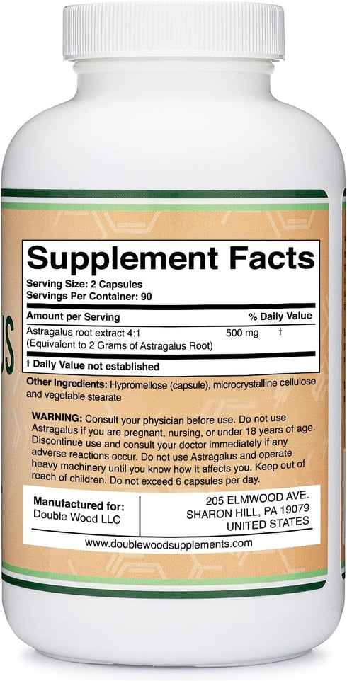 Double Wood Supplements Immune Boosting Astragalus 500mg 180 Capsules - Rich in Flavonoids and Polysaccharides - Non-GMO, Gluten Free, Third Party...
