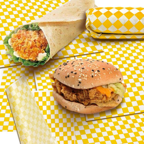 100 Sheets Checkered Dry Waxed Deli Paper Sheets, Paper Liners for Plastic Food Basket, Wrapping Bread and Sandwiches (Yellow)...