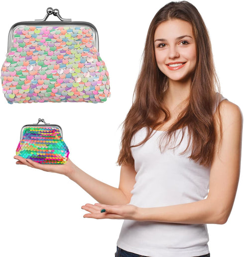 2 Pack Coin Purse for Women Sequin Small Coin Purse with Kiss-Lock Closure Colorful Glitter Reversible Sequin Change Purse Wallet for Women Girls ...