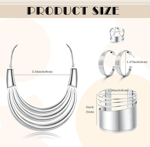 JOERICA Bib Choker Necklace Silver Gold Jewelry Set Wide Cuff Bangle Bracelet Open Hoop Earrings Adjustable Ring Chunky Silver Gold Statement Cost...