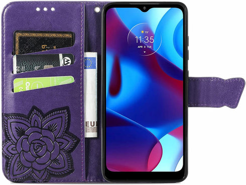 HAOTP for Motorola Moto G Pure Wallet Case,PU Leather Flip Protective Phone Case Wrist Strap Card Slots Holder Pocket Emboss Butterfly Flower Stan...