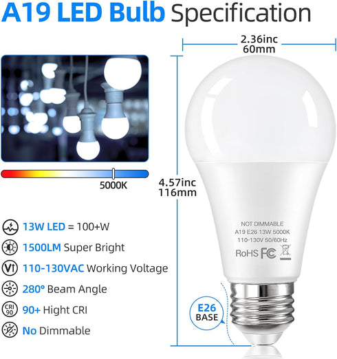 LED Light Bulbs, 100 Watt Equivalent A19 LED Bulb Daylight White 5000K, 13W Bright 1500 Lumens E26 Standard Base Bulb for Bedroom Kitchen Office L...