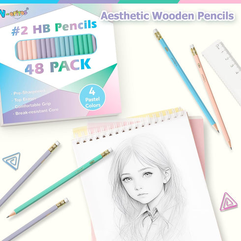 V-Opitos Wood-Cased #2 HB Pencils, 48 Pack Pre-Sharpened Pencils with Top Erasers, Bulk Pastel Color Pencils for School Teacher Supplies, Writing,...