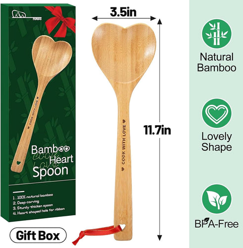 Bamboo Heart Shaped Spoon for Cooking - Wooden Cook with Love Spoon Kitchen Utensils, Valentines Mother's Day Gifts for Grandma Mom Couple Wife Ho...