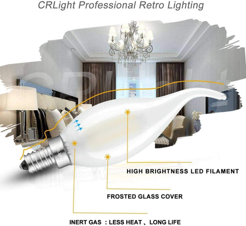 CRLight 2W 4000K LED Candelabra Bulb Daylight White Glow, 25W Equivalent 250LM, E12 Chandelier Dimmable LED Light Bulbs, Antique Edison C35 Froste...