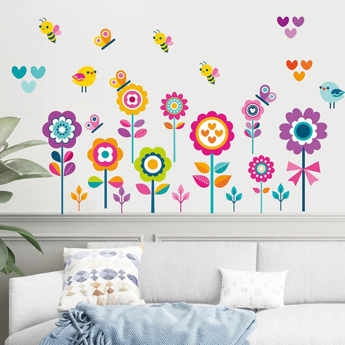 Flowers Wall Stickers for Kids Bedroom -Butterfly Bee Floral Wall Decals for Girls Room,Classroom,Nursery, Playroom- Removable DIY Peel and Stick ...