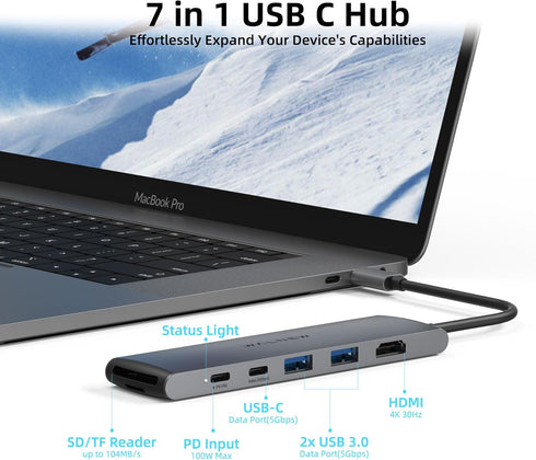 USB C Hub, WALNEW 7 in 1 USB C Docking Station with 4K HDMI,100W PD, 3 5Gbps Data Ports(1 USB-C & 2 USB 3.0),TF/SD Card Reader, USB Hub for Laptop...