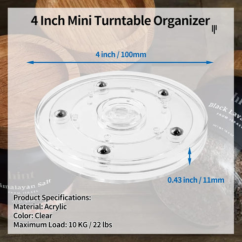 2 Pack 4 Inch Turntable Mini Turntable Organizer, Clear Rotating Tray Small Revolving Base, Acrylic Ball Bearing Turntable Plate for Kitchen Table...