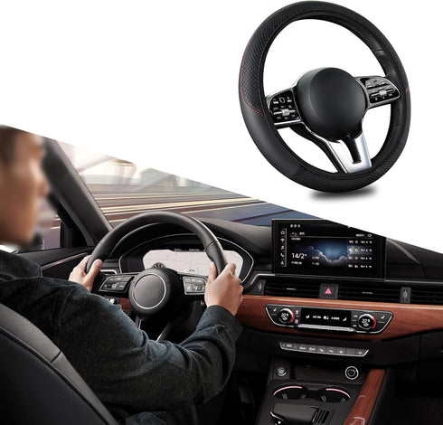 1 PC Car Steering Wheel Cover, Elastic Non-Inner Ring 3D Textured Leather Cover for All Seasons, Anti-Slip Easy-Grip Protection for 14.9" Steering...