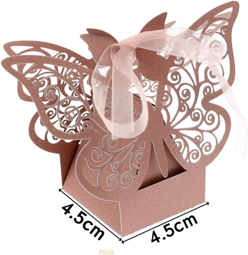 Auto-plaza 50 Pieces Butterfly Laser Cut Favor Boxes DIY Wedding Birthday Gift Candy Boxes with Ribbons (Pink)...