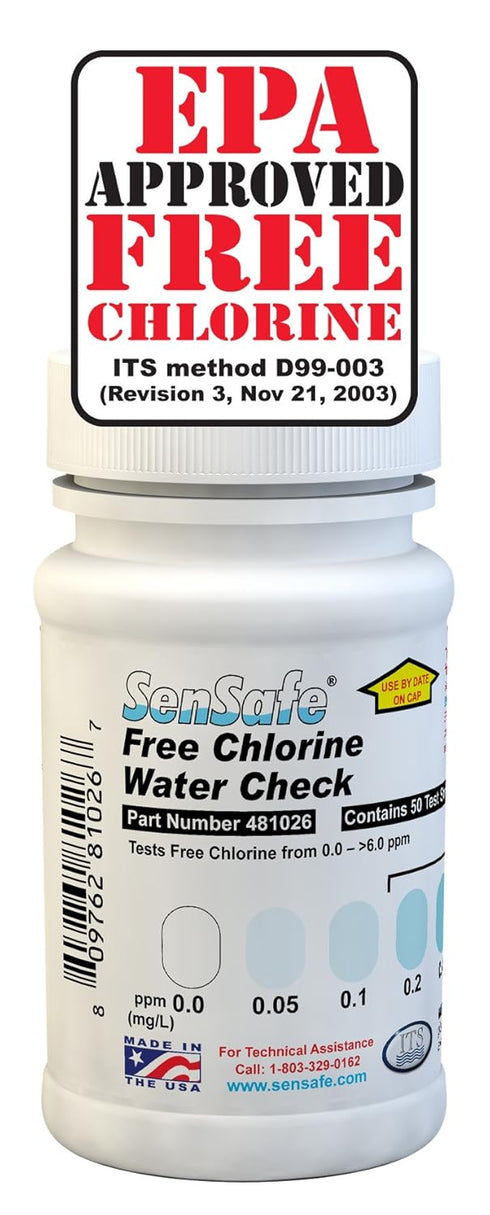 Industrial Test Systems SenSafe 481026 Free Chlorine Test Strip | USEPA Approved Method D99-003 | 0-6ppm | 0.05ppm Detection | No Bleach-Out | Bot...