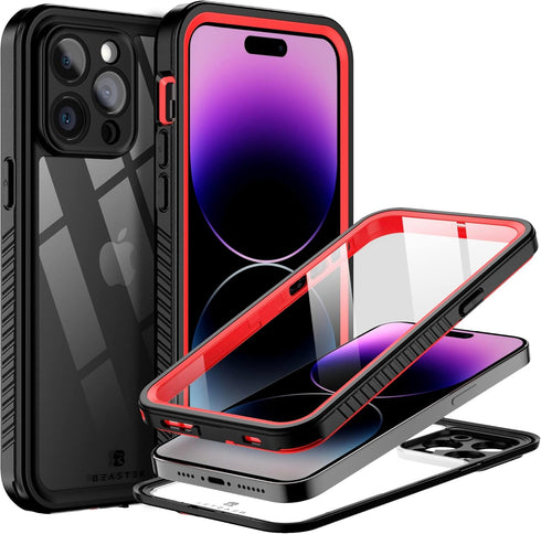 BEASTEK iPhone 14 Pro Max Waterproof Case, FSN Series - Underwater Shockproof Dustproof, Built-in Screen Protector, Clear Back Cover, 6.7'' - Red...