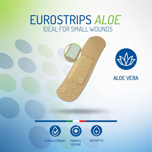 Eurostrips Aloe Adhesive Bandages Medium (3/4 x 2 7/8 in) & Large (1 x 2 7/8 in) with Aloe Vera Central Pad, Breathable and Hypoallergenic, Ideal ...