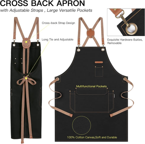 Chef Apron for Men Women with Gift Box Pack, Cross Back Apron with Pockets for Kitchen Cooking Baking Artist Painting, Cotton Canvas Work Aprons f...