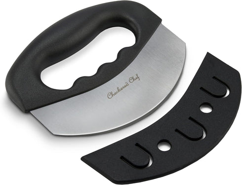 Checkered Chef Salad Chopper Tool with Cover, Mezzaluna Knife Stainless Steel Vegetable Rocker, Mincer, Cutter...
