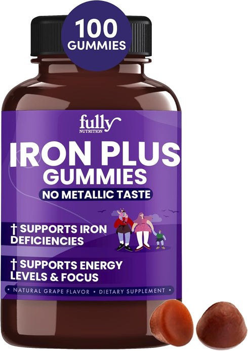 Iron Gummies Supplements for Adults (Women, Men) and Kids – Grape Flavor- Supports Anemia, Energy and Focus Levels – 100 Count...