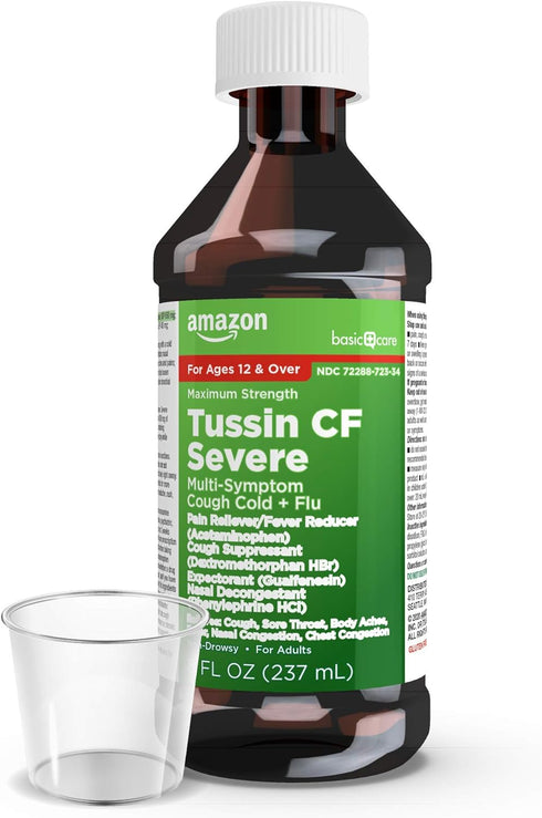 Amazon Basic Care Tussin Severe CF Max Syrup, Multi-Symptom Cough, Cold and Flu Liquid Medicine, Non-Drowsy, Relieves Cough, Sore Throat, Body Ach...
