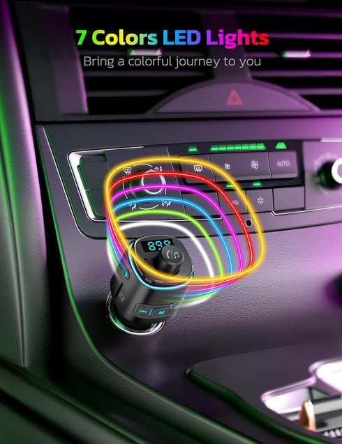 Nulaxy Bluetooth FM Transmitter for Car, QC3.0 Fast Charge Bluetooth Car Adapter, Wireless Radio Car Kit with 7 Color LED Backlit, Support Hands-F...