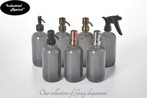 Gray Soap Dispenser with Black Pump and Non-Slip Coaster. Semi Translucent Smokey Grey 16oz Glass Bottle....