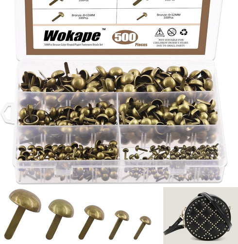 Wokape Paper Fasteners Brads Round Fasteners (Bronze) - 500Pcs 5 Sizes Mushroom Head Round Paper Fasteners Metal Brads Decorative Brads...