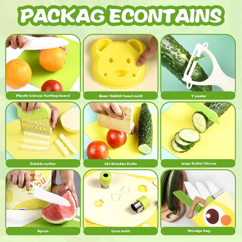 18 Pieces Montessori Kitchen Tools Cookware Baking Toy for Toddlers Kids, Toddler Safe Knife Set for Real Cooking, w/ Cutting Boards, Crinkle Cutt...