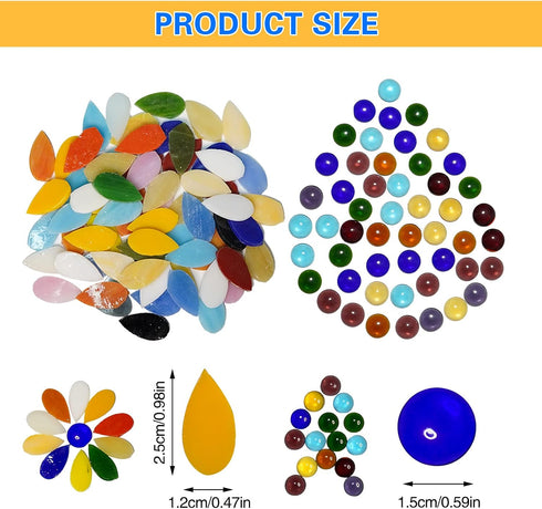 Mixed Color Petal Glass Mosaic Tiles, Water Drop Stained Mosaic Glass Pieces with Round Flat Glass Gems for Crafts...