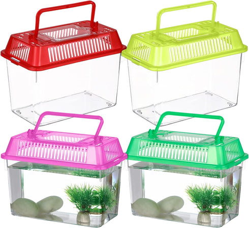 NOLITOY 4pcs Mini Fish Tank, Plastic Fish Box Breeding Case with Handle Desktop Fish Bowl Portable Aquarium for Shrimp Turtle Shrimp Goldfish (Ran...