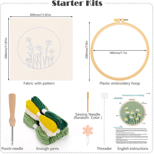 JSRQT Punch Needle Embroidery Starter Kits,Rug Hooking Kit for Kids and Adults Beginners,Handcraft Punch Needle Kits with Embroidery Hoops,Flowers...