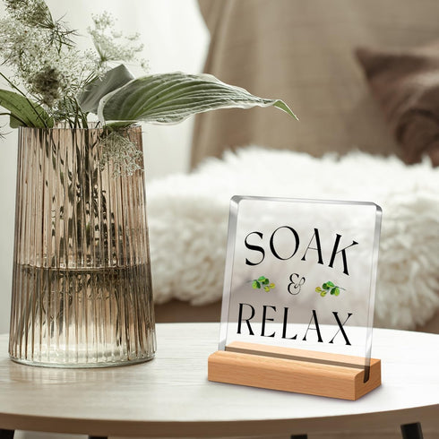 Funny Bathroom Desk Decor,Soak Relax Funny Bathroom Sign Acrylic Plaque With Wooden Stand Sign for Bathroom Shelf Toilet Restroom Home Tabletop De...
