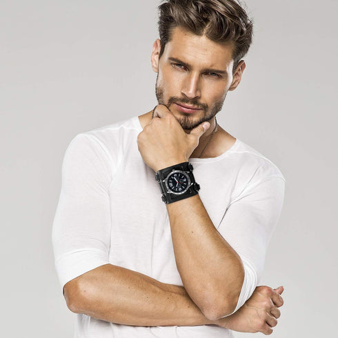 Mens Steampunk Retro Genuine Leather Replaceable Watch Military Japan Quartz Hip-hop Gothic Wide Bracelet Cuff Big Black Dial Sport Wrist Watches...