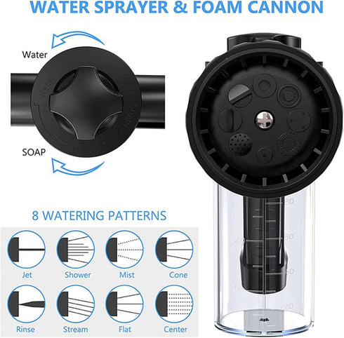 Garden Hose Nozzle Adjustable Hose Spray Nozzle High Pressure 8 Watering Pattern with 3.5Oz Soap Sprayer Power Garden Water Hose Foam Nozzle Spray...