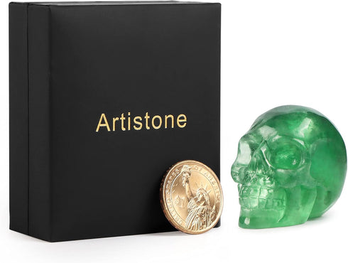 Artistone 2.0" Green Fluorite Crystal Skull Head Decor Statue,Hand Carved Natural Polished Gemstone Human Skull Figurine Pocket Reiki Healing Ston...
