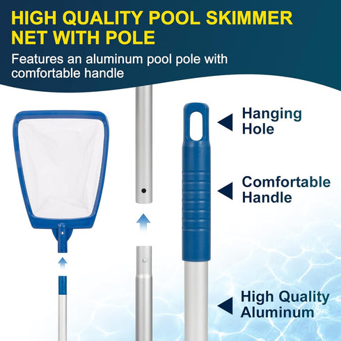 Pool Skimmer Net with Pole, Ultra Fine Mesh Pool Nets for Cleaning with Pole, Semi-deep Pool Net Skimmer with 68'' Thickened Aluminum Pole, Pool L...