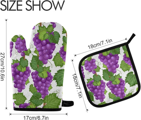 Potholders and Oven Mitts Purple Grape Vine and Leaves Non Slip Heat Resistant Oven Mitts and Pot Holders Sets for Kitchens for Baking Finger Hand...