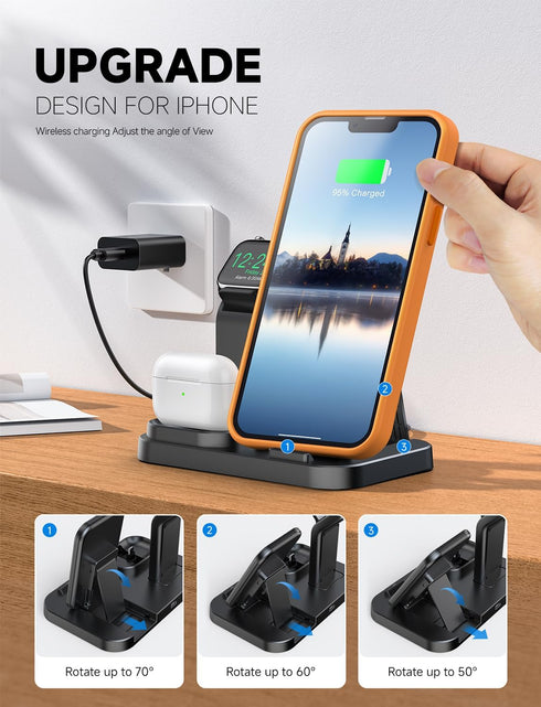 3 in 1 Wireless Charging Station for Apple Devices, Charging Dock for iWatch 9 8 7 6 SE 5 4 3 2 1, Built-in Charger Stand for iPhone Series AirPod...
