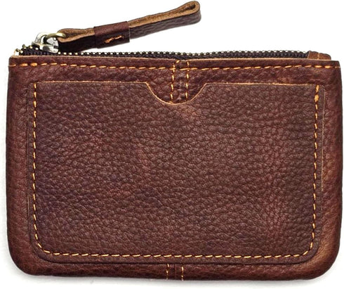 Genuine Leather Coin Purse Pouch for Women Men Vintage Cowhide Grain Leather Slim Mini Wallet Metal Zipper with Real Leather handle (Dark Brown)...
