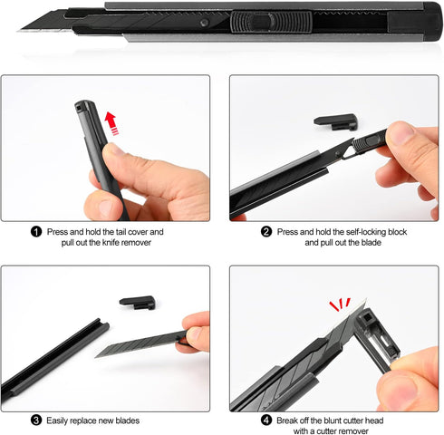 FOSHIO Retractable Utility Knife with 30 Degree Snap Off Blade 9MM, Box Cutter for Carton, Cardboard and Box, Office, Home Use, 3 Pack Black Alumi...