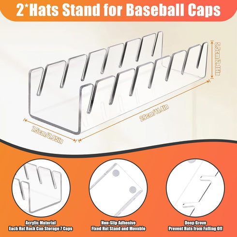 Hat Stand for Baseball Caps, 2 Pcs No Install Acrylic Hat Organizer for 14 Baseball Caps, Hat Racks for Baseball Caps Display and Organizer for Be...