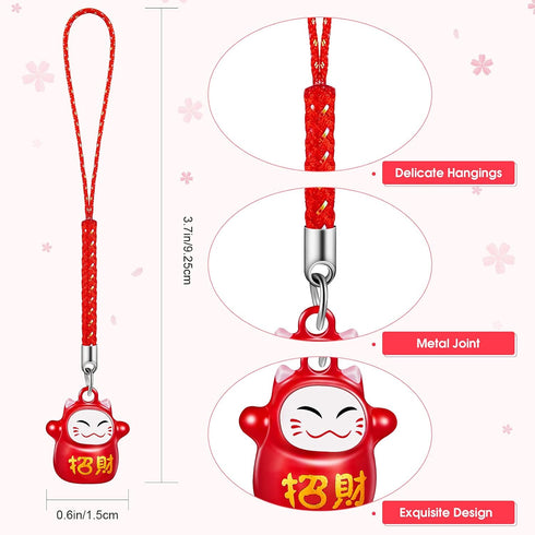 12 Pcs Lucky Cat Keychain Phone Charms Strap Fengshui Fortune Japanese Beckoning Cat Maneki Neko Pendant Good Health Mascot Avoid Evil Pendants...